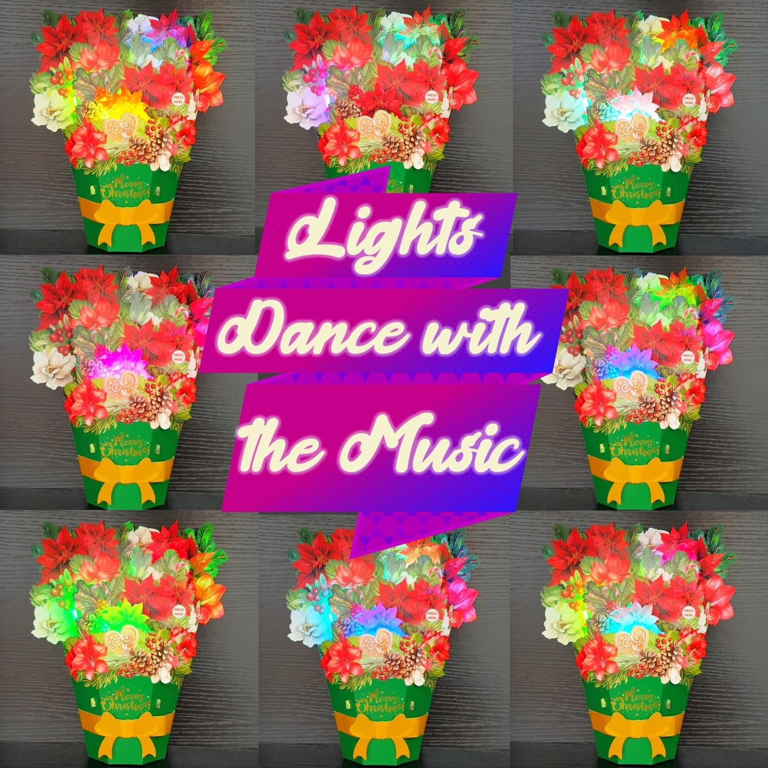 Ribbli Flower Bouquet Christmas Card with Music & Lights, Pop Up Merry Christmas Card, 3D Flower Bouquet Gift, with Envelope