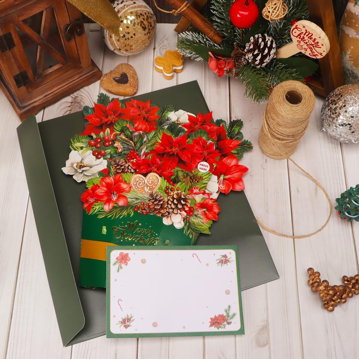 Ribbli Flower Bouquet Christmas Card with Music & Lights, Pop Up Merry Christmas Card, 3D Flower Bouquet Gift, with Envelope