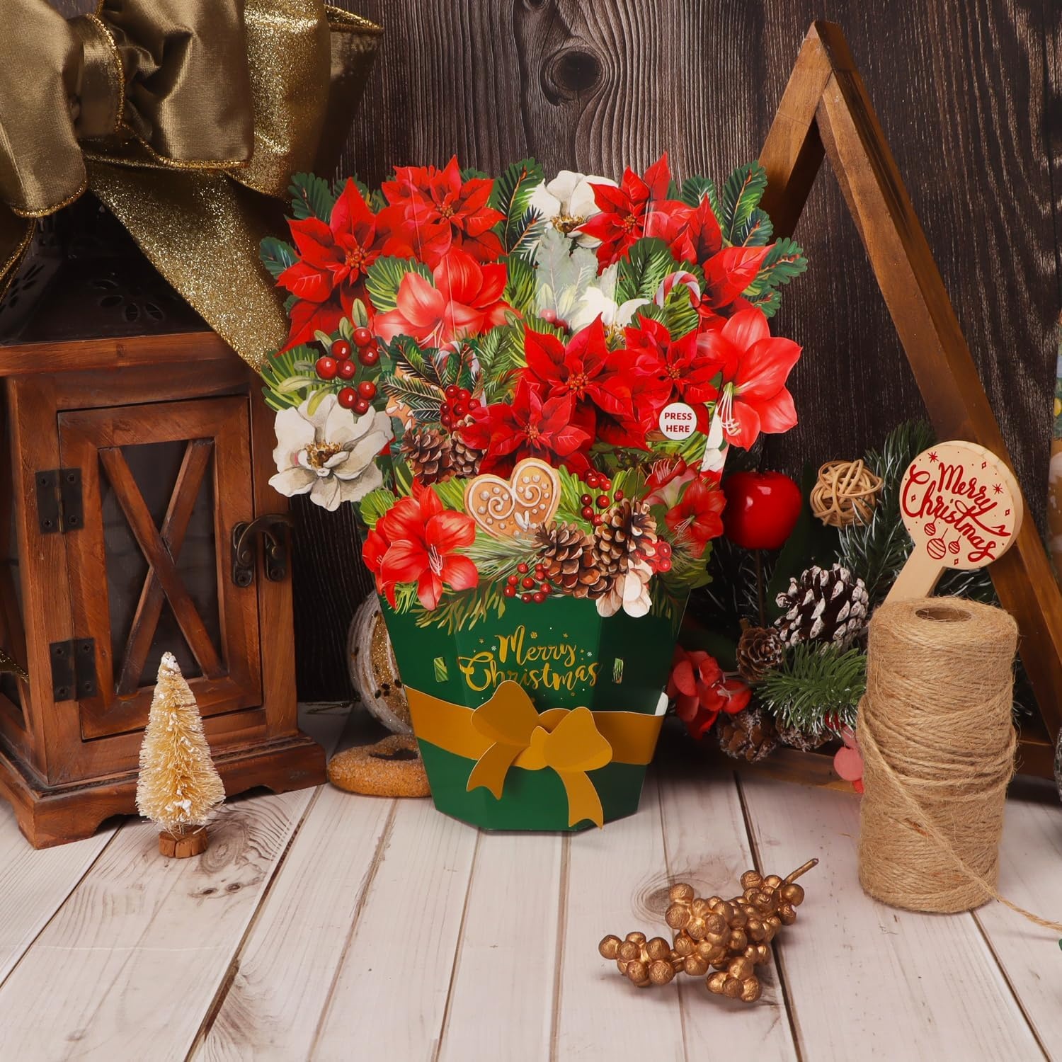 Ribbli Flower Bouquet Christmas Card with Music & Lights, Pop Up Merry Christmas Card, 3D Flower Bouquet Gift, with Envelope