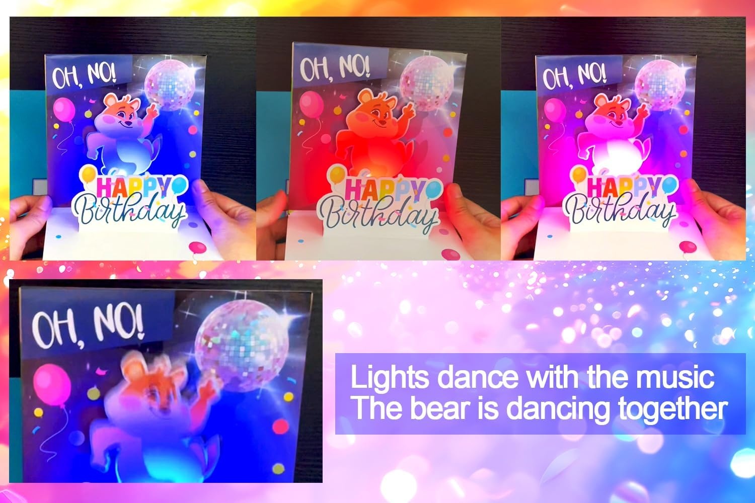 Ribbli Birthday Cards, Funny Bear Dancing with Music and Light, Musical Pop Up Birthday Card for Kids Men Women, 6.1 x 6.1 Inches with Envelope