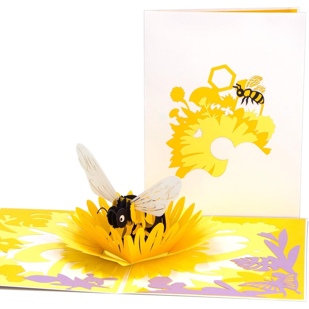 Ribbli Bee & Flower Handmade 3D Pop Up Card for Birthday Mothers Day Thank You, Bumble Bee Day Gift for Mom Women Girl, with Envelope