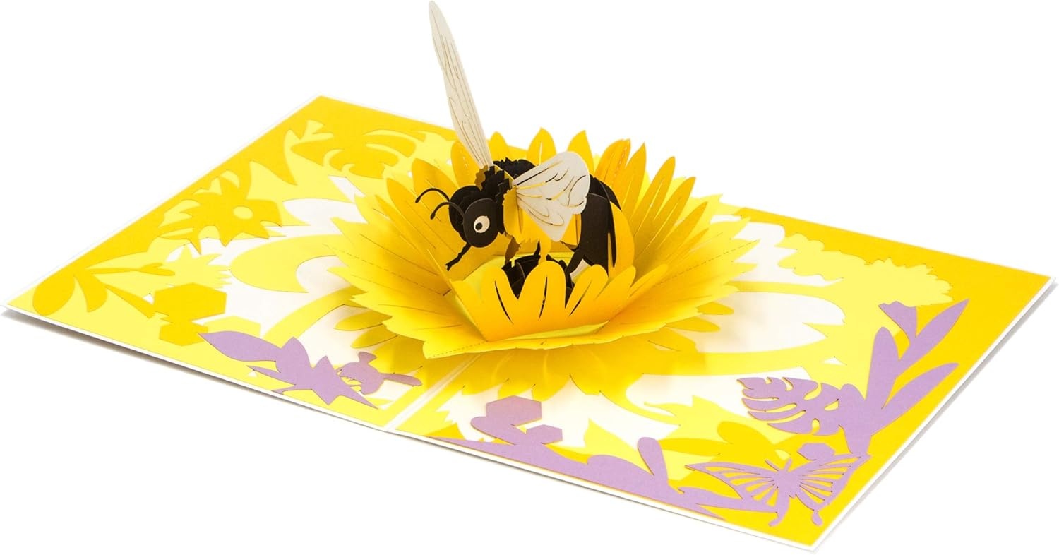 Ribbli Bee & Flower Handmade 3D Pop Up Card for Birthday Mothers Day Thank You, Bumble Bee Day Gift for Mom Women Girl, with Envelope