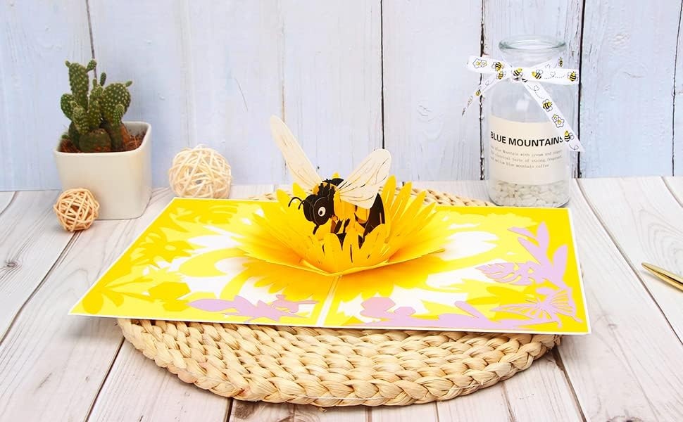 Ribbli Bee & Flower Handmade 3D Pop Up Card for Birthday Mothers Day Thank You, Bumble Bee Day Gift for Mom Women Girl, with Envelope