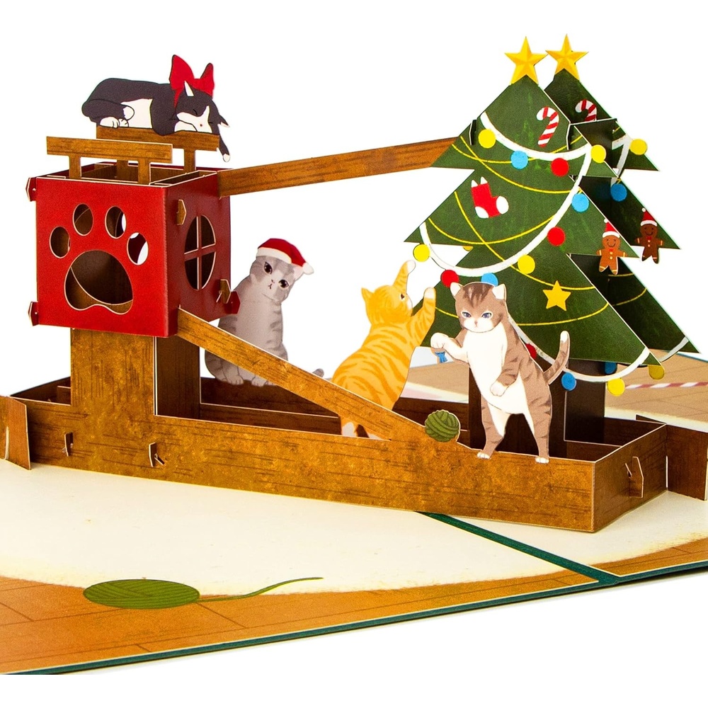 Ribbli Christmas Cards, 3D Pop Up Cat Christmas Card, Merry Xmas, 7.6 x 5.7 Inch with Envelope