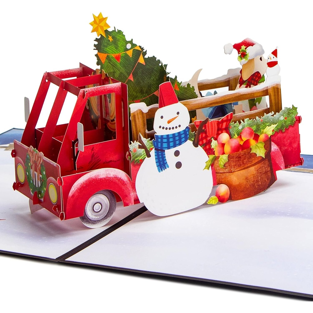 Ribbli Christmas Cards, 3D Red Truck and Dog Pop Up Christmas Card, Merry Xmas Cards, 7.6 x 5.7 Inches with Envelope