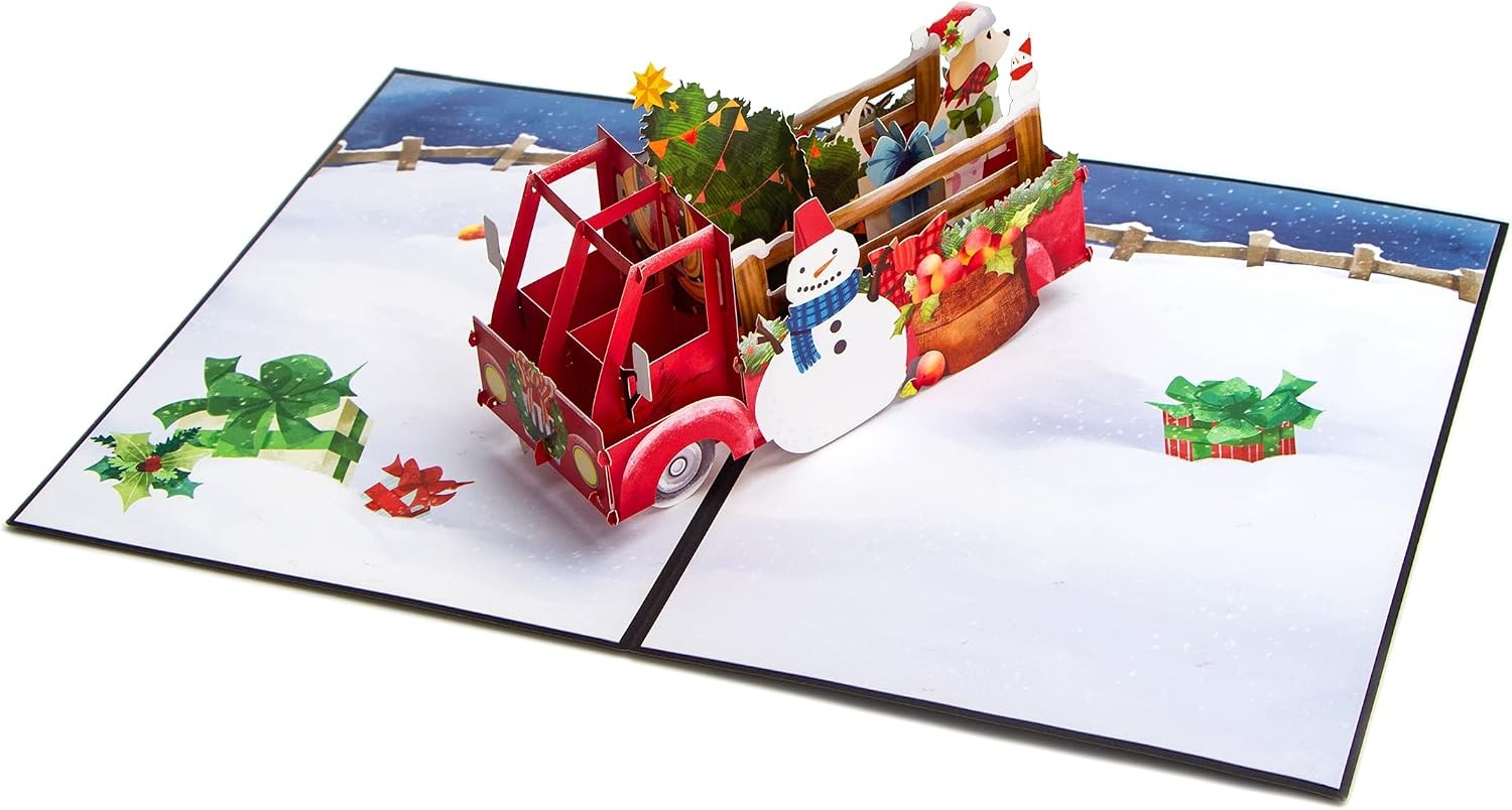 Ribbli Christmas Cards, 3D Red Truck and Dog Pop Up Christmas Card, Merry Xmas Cards, 7.6 x 5.7 Inches with Envelope