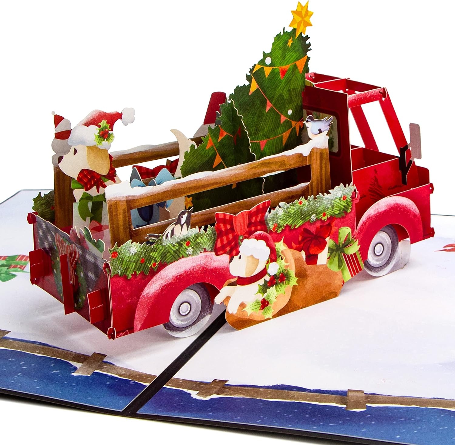 Ribbli Christmas Cards, 3D Red Truck and Dog Pop Up Christmas Card, Merry Xmas Cards, 7.6 x 5.7 Inches with Envelope