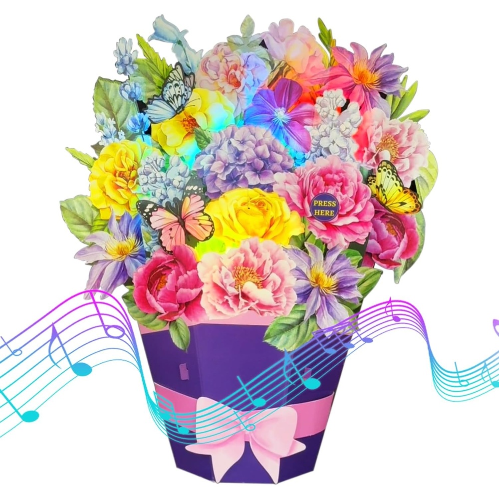 Ribbli Flower Bouquet Pop Up Card with Music & Lights, Birthday Cards for Women and Mothers Day Card, 11 Inch Flower Bouquet and Butterfly Gift for Wife Mom Grandma, with Envelope