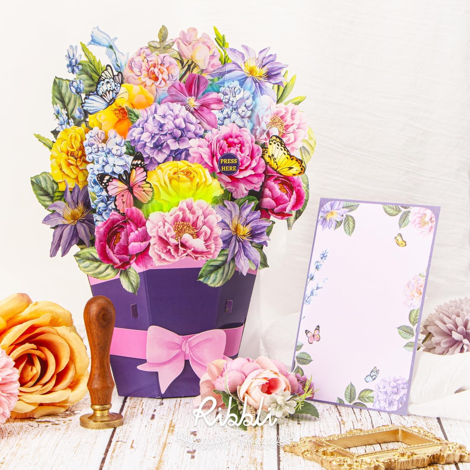 Ribbli Flower Bouquet Pop Up Card with Music & Lights, Birthday Cards for Women and Mothers Day Card, 11 Inch Flower Bouquet and Butterfly Gift for Wife Mom Grandma, with Envelope
