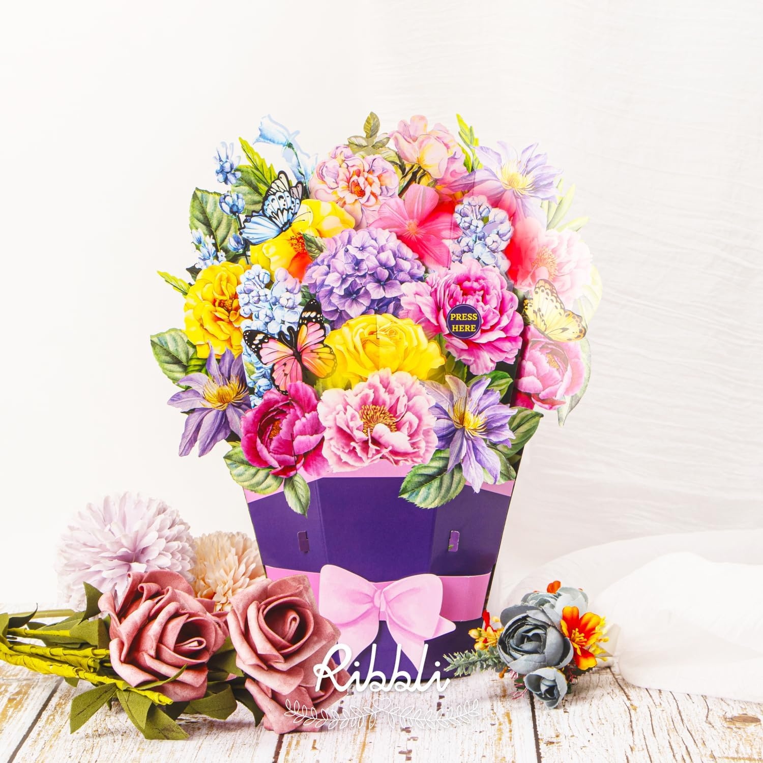 Ribbli Flower Bouquet Pop Up Card with Music & Lights, Birthday Cards for Women and Mothers Day Card, 11 Inch Flower Bouquet and Butterfly Gift for Wife Mom Grandma, with Envelope