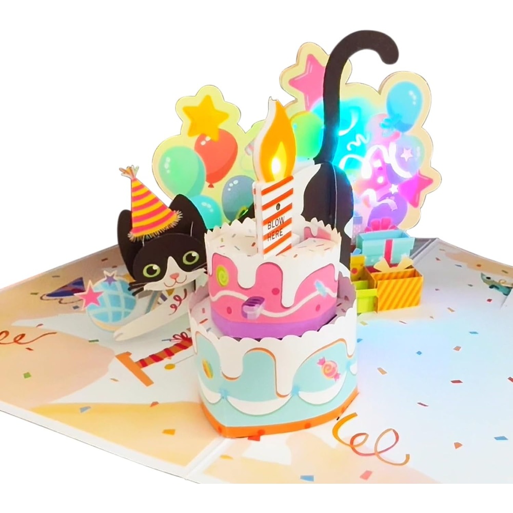 Ribbli Birthday Cards, Cat Pop Up Card with Light and Music, Musical Cat Birthday Card for Men Women, 8.2 x 5.7 Inches with Envelope