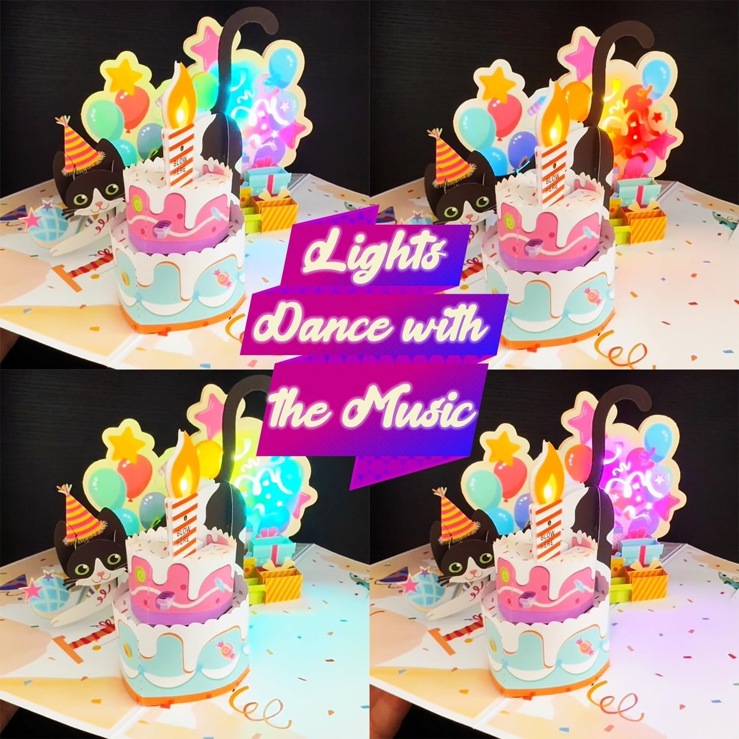 Ribbli Birthday Cards, Cat Pop Up Card with Light and Music, Musical Cat Birthday Card for Men Women, 8.2 x 5.7 Inches with Envelope