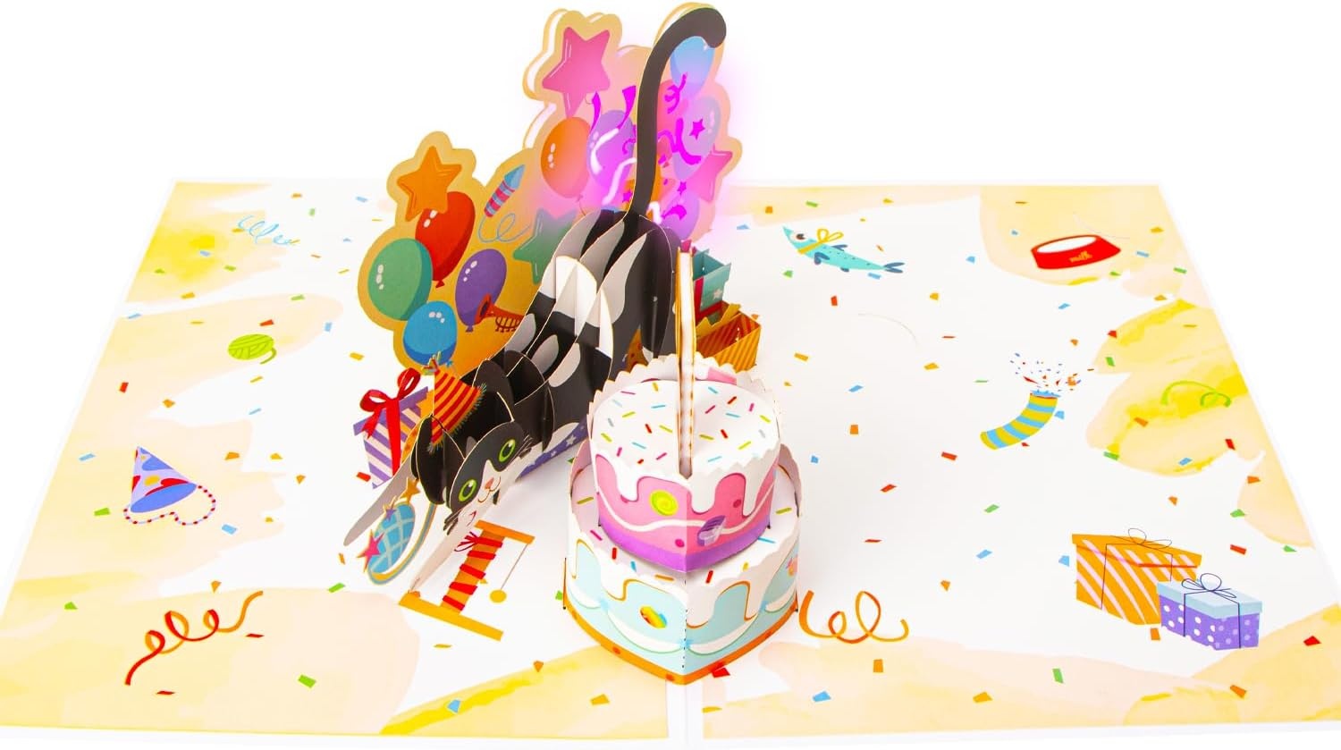 Ribbli Birthday Cards, Cat Pop Up Card with Light and Music, Musical Cat Birthday Card for Men Women, 8.2 x 5.7 Inches with Envelope