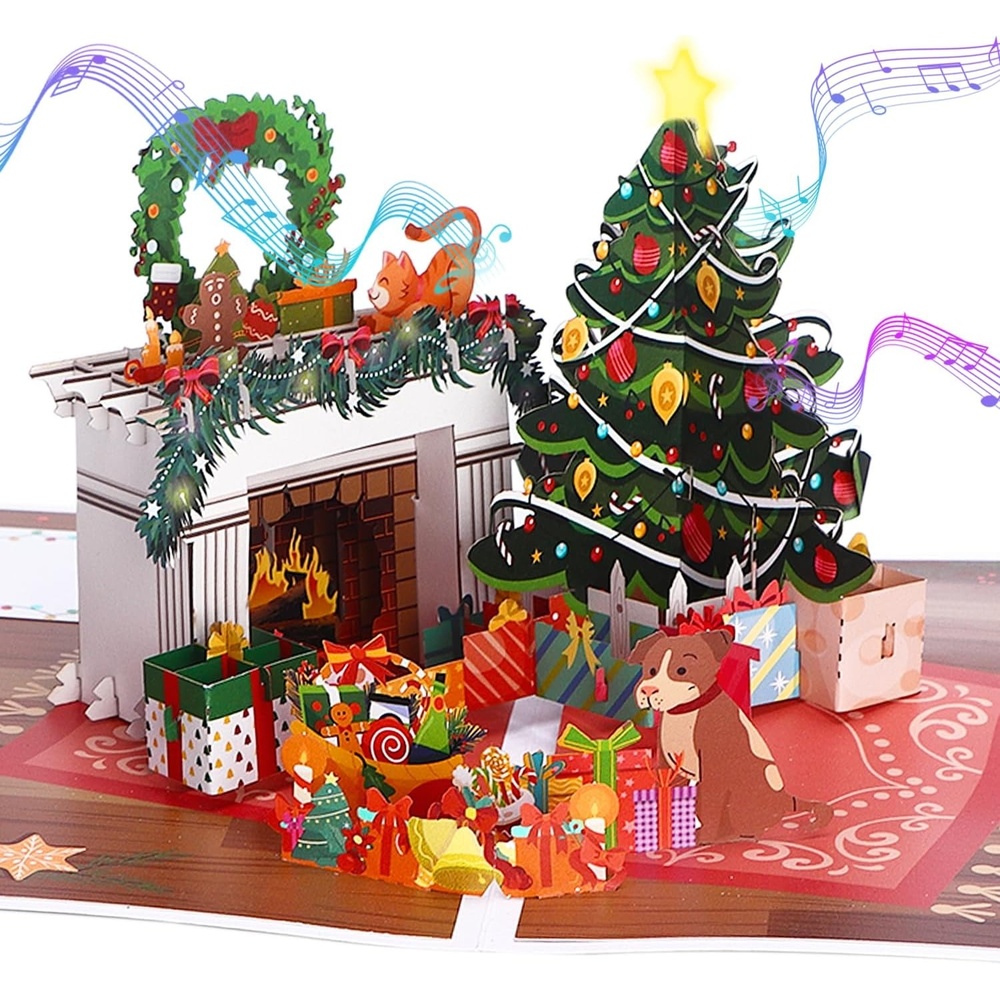 Ribbli Christmas Cards, Light and Musical Fireplace Pop Up Christmas Card, with Envelope