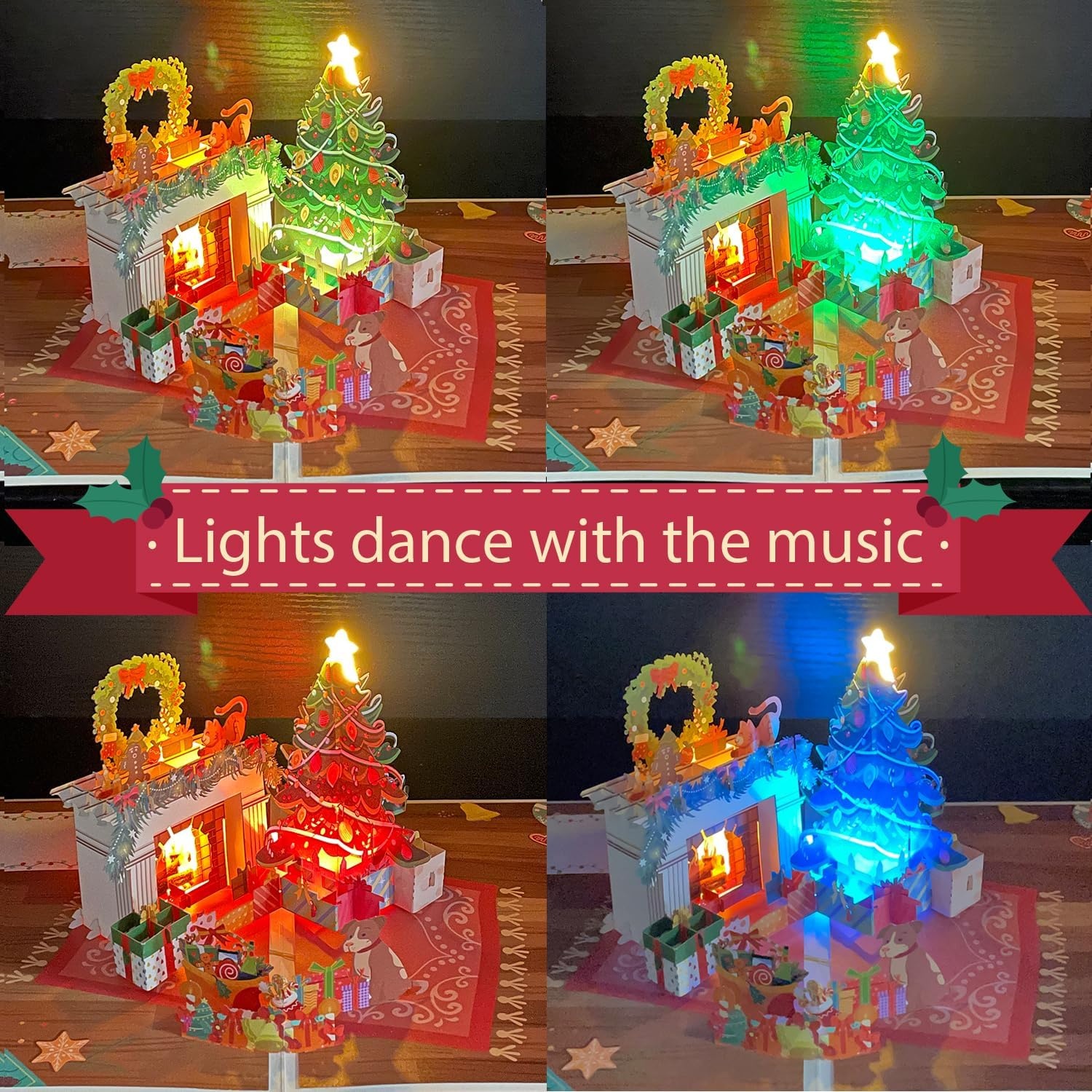 Ribbli Christmas Cards, Light and Musical Fireplace Pop Up Christmas Card, with Envelope