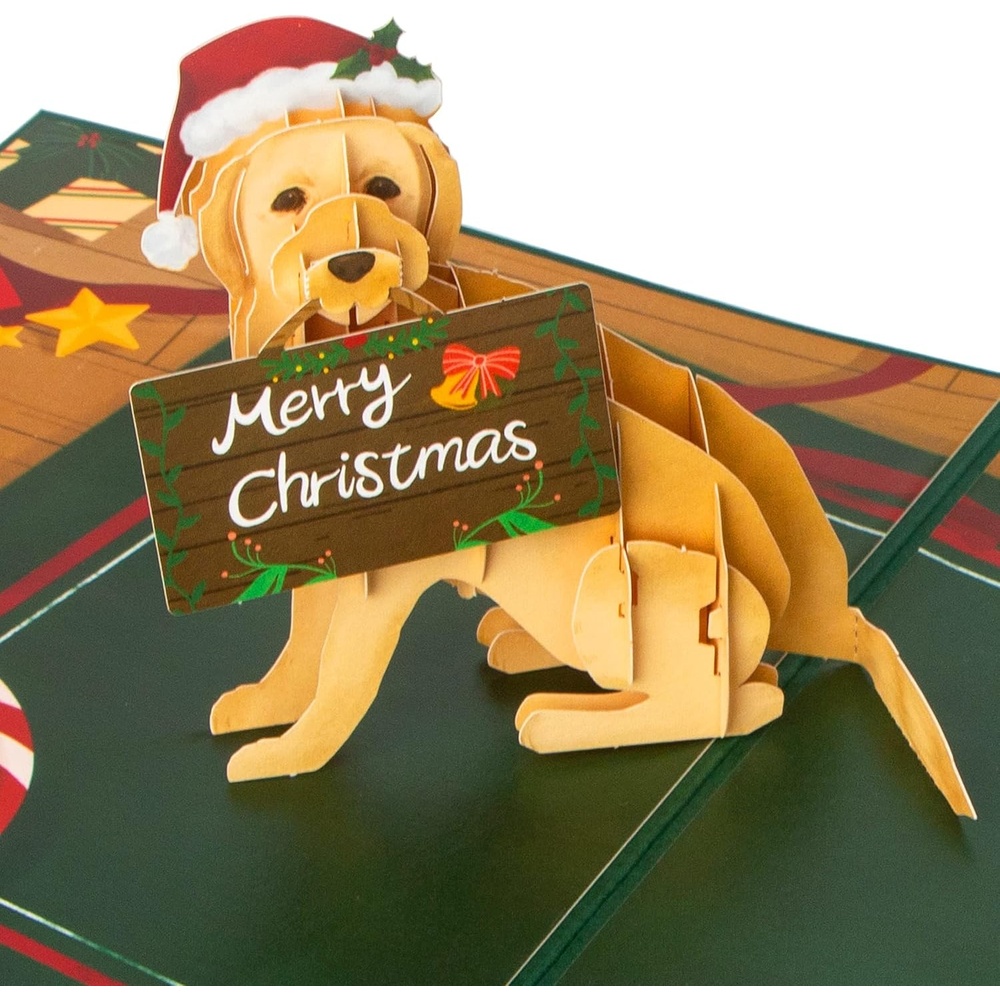 Ribbli Pop Up Christmas Card, 3D Greeting Card, Dog Christmas Card, Golden Retriever Card, Holiday Card, Merry Xmas Cards for Kids Mom Dad Son Daughter Grandson Granddaughter Wife, with Envelope