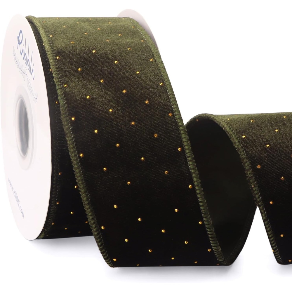 Ribbli Dusty Blue Luxury Velvet with Diamond Wired Ribbon, 2-1/2 Inch 10-Yard for Gift Wrapping Christmas Tree Decoration Crafts Wreaths Supplies(Moss Green)
