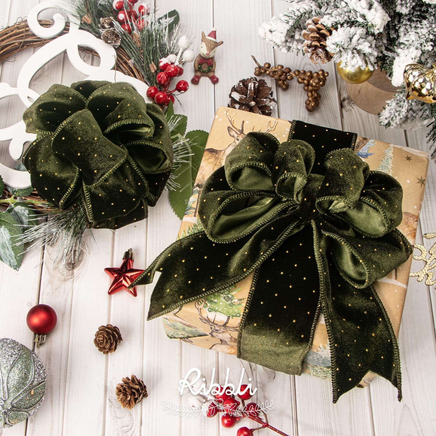 Ribbli Dusty Blue Luxury Velvet with Diamond Wired Ribbon, 2-1/2 Inch 10-Yard for Gift Wrapping Christmas Tree Decoration Crafts Wreaths Supplies(Moss Green)