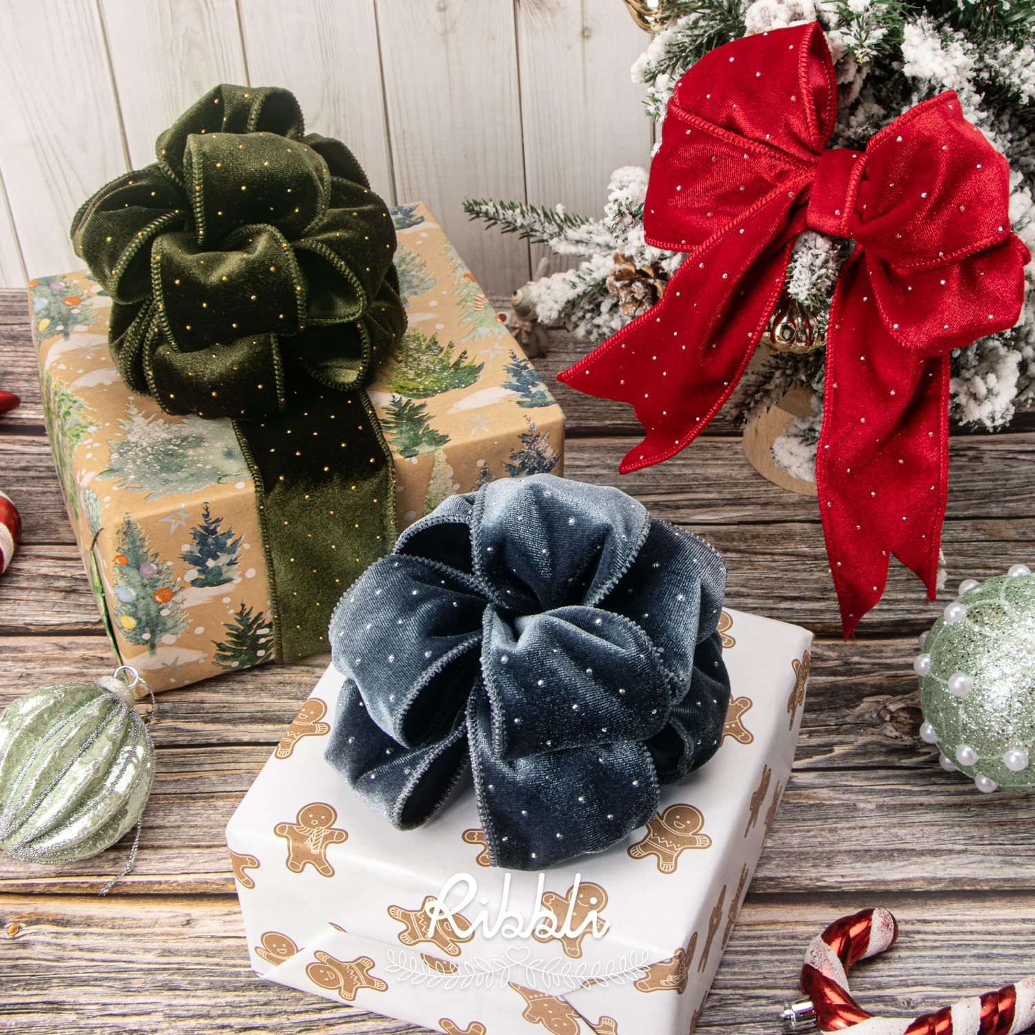 Ribbli Dusty Blue Luxury Velvet with Diamond Wired Ribbon, 2-1/2 Inch 10-Yard for Gift Wrapping Christmas Tree Decoration Crafts Wreaths Supplies(Moss Green)