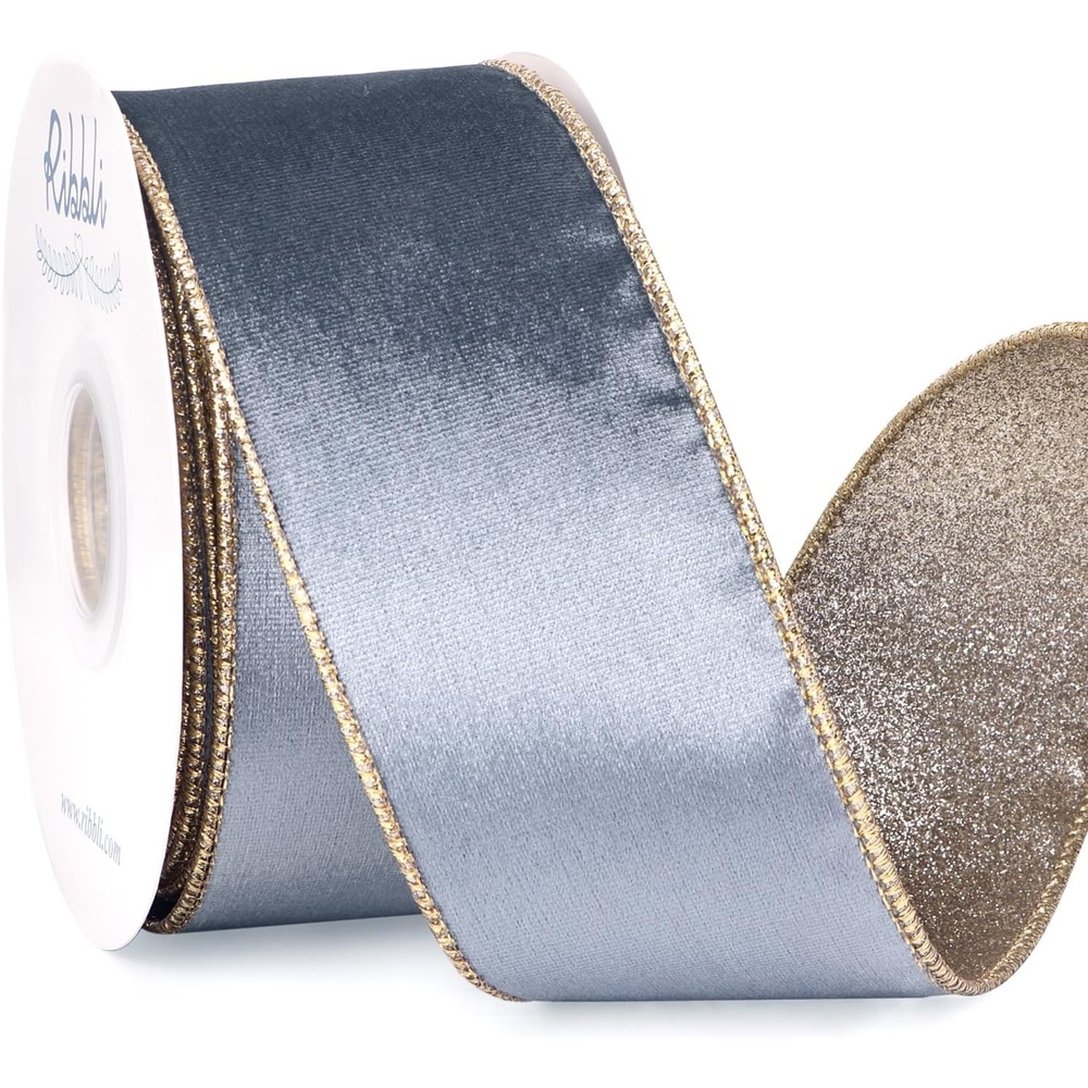 Ribbli Moss Green Velvet Ribbon Wired 2.5 Inch Glossy Velvet with Gold Glitter Christmas Ribbon for Christmas Tree Decoration Big Bow Gift Wrapping Crafts Wreaths Supplies – Continuous 10 Yards(Dusty Blue)