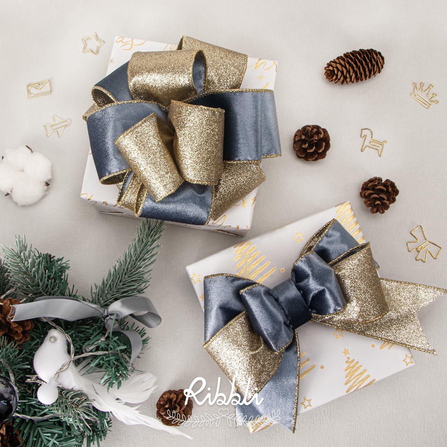 Ribbli Moss Green Velvet Ribbon Wired 2.5 Inch Glossy Velvet with Gold Glitter Christmas Ribbon for Christmas Tree Decoration Big Bow Gift Wrapping Crafts Wreaths Supplies – Continuous 10 Yards(Dusty Blue)