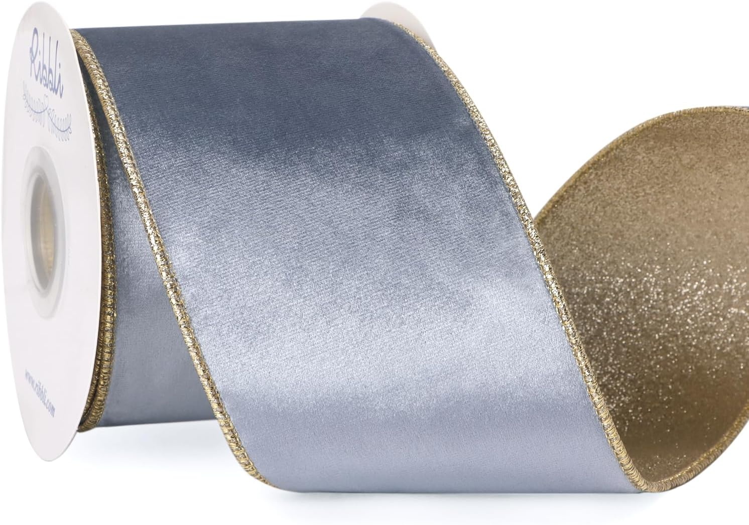 Ribbli Moss Green Velvet Ribbon Wired 2.5 Inch Glossy Velvet with Gold Glitter Christmas Ribbon for Christmas Tree Decoration Big Bow Gift Wrapping Crafts Wreaths Supplies – Continuous 10 Yards(Dusty Blue)