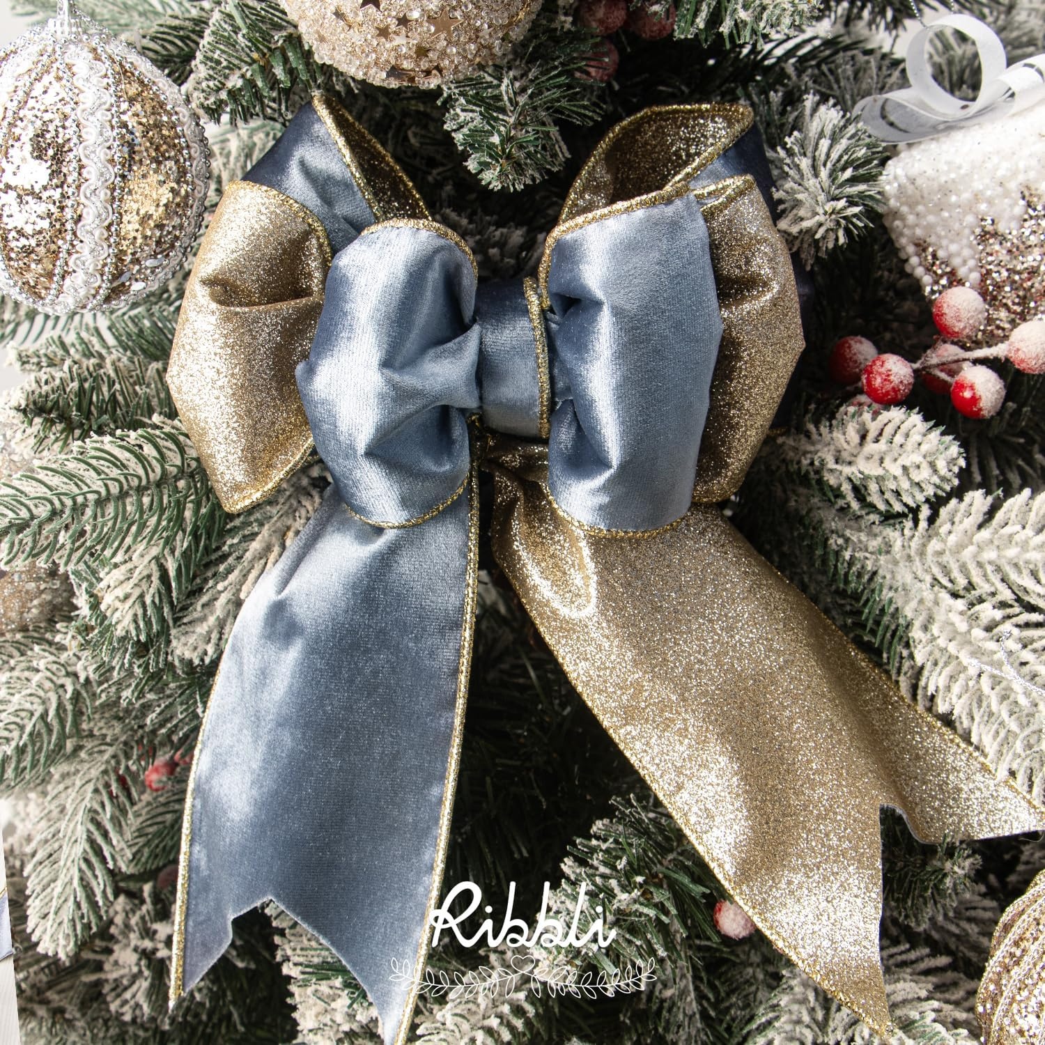Ribbli Moss Green Velvet Ribbon Wired 2.5 Inch Glossy Velvet with Gold Glitter Christmas Ribbon for Christmas Tree Decoration Big Bow Gift Wrapping Crafts Wreaths Supplies – Continuous 10 Yards(Dusty Blue)