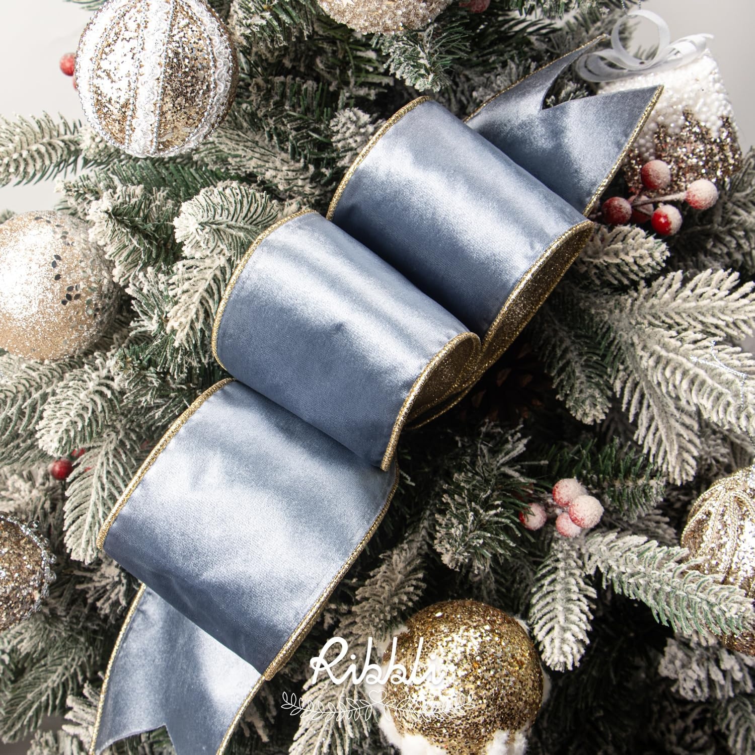 Ribbli Moss Green Velvet Ribbon Wired 2.5 Inch Glossy Velvet with Gold Glitter Christmas Ribbon for Christmas Tree Decoration Big Bow Gift Wrapping Crafts Wreaths Supplies – Continuous 10 Yards(Dusty Blue)