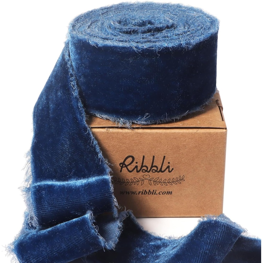 Ribbli Light Champagne Velvet Ribbon 2 Inch Handmade Frayed Vintage Christmas Ribbon for Gift Wrapping Christmas Tree Ornament Wreath Craft Home Decor-3 Yards(Ocean Blue)
