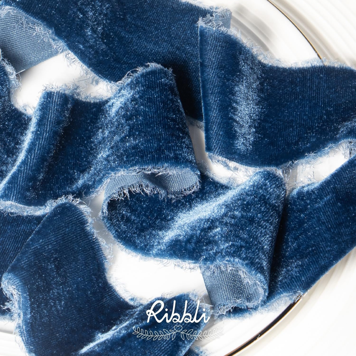 Ribbli Light Champagne Velvet Ribbon 2 Inch Handmade Frayed Vintage Christmas Ribbon for Gift Wrapping Christmas Tree Ornament Wreath Craft Home Decor-3 Yards(Ocean Blue)