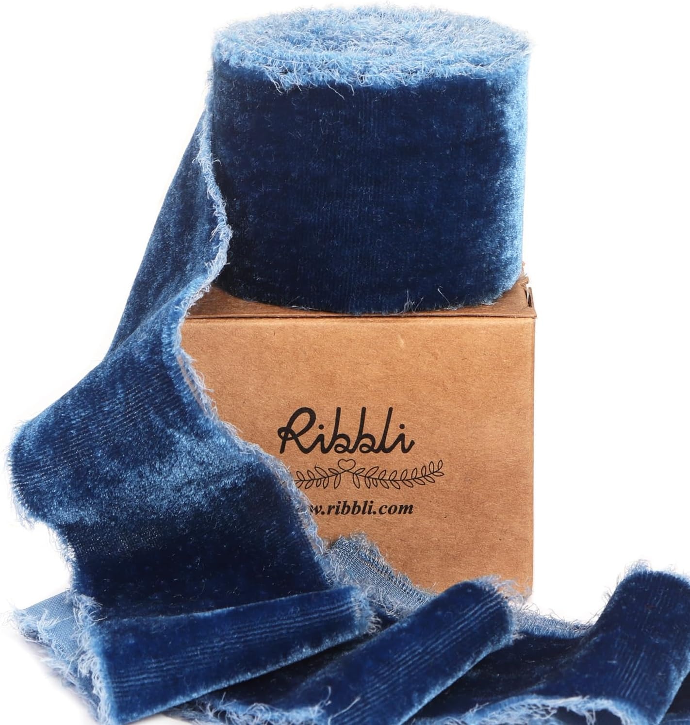 Ribbli Light Champagne Velvet Ribbon 2 Inch Handmade Frayed Vintage Christmas Ribbon for Gift Wrapping Christmas Tree Ornament Wreath Craft Home Decor-3 Yards(Ocean Blue)