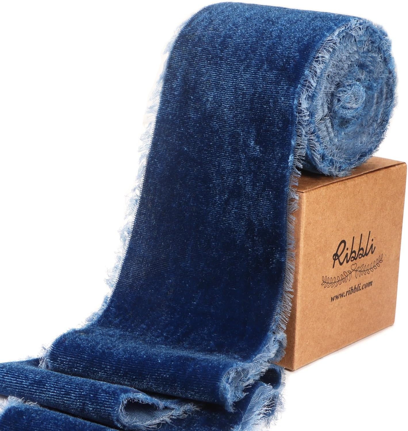 Ribbli Light Champagne Velvet Ribbon 2 Inch Handmade Frayed Vintage Christmas Ribbon for Gift Wrapping Christmas Tree Ornament Wreath Craft Home Decor-3 Yards(Ocean Blue)