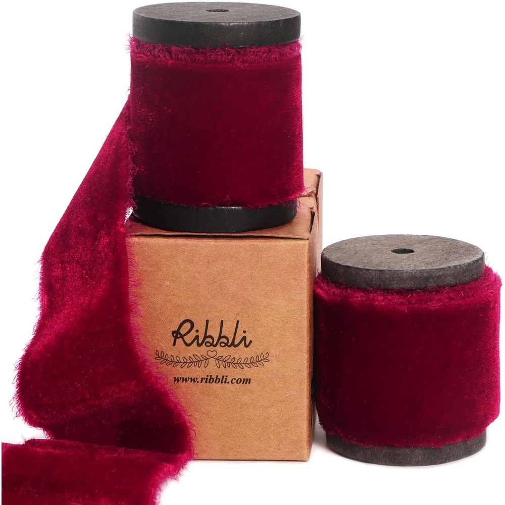 Ribbli Burgundy Velvet Ribbon 1.5 Inch Handmade Frayed Vintage Christmas Ribbon for Gift Wrapping Christmas Tree Ornament Wreath Craft Home Decor -Total 3 Yards with Wooden Spool(Burgundy)