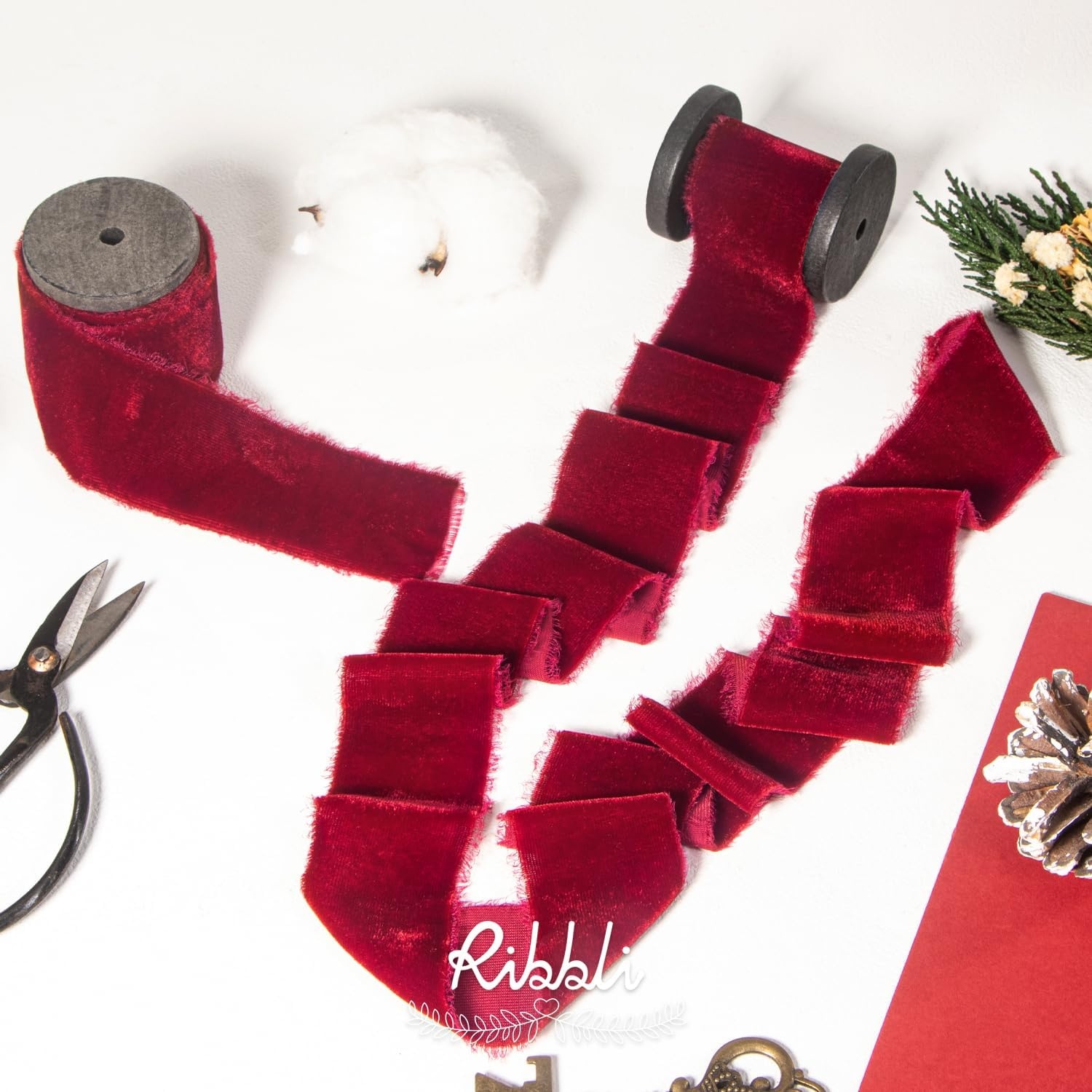 Ribbli Burgundy Velvet Ribbon 1.5 Inch Handmade Frayed Vintage Christmas Ribbon for Gift Wrapping Christmas Tree Ornament Wreath Craft Home Decor -Total 3 Yards with Wooden Spool(Burgundy)