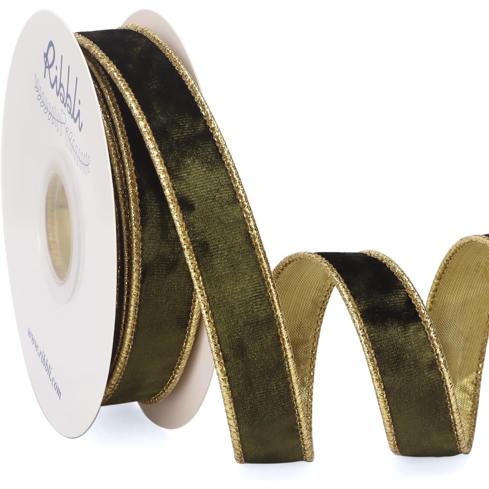 Ribbli Black Velvet Wired Ribbon 2.5 Inch Metallic Black Gold Crushed Velvet Christmas Ribbon for Gift Wrapping Christmas Tree Decoration Crafts Wreaths Supplies-Continuous 10 Yards(Olive Green)