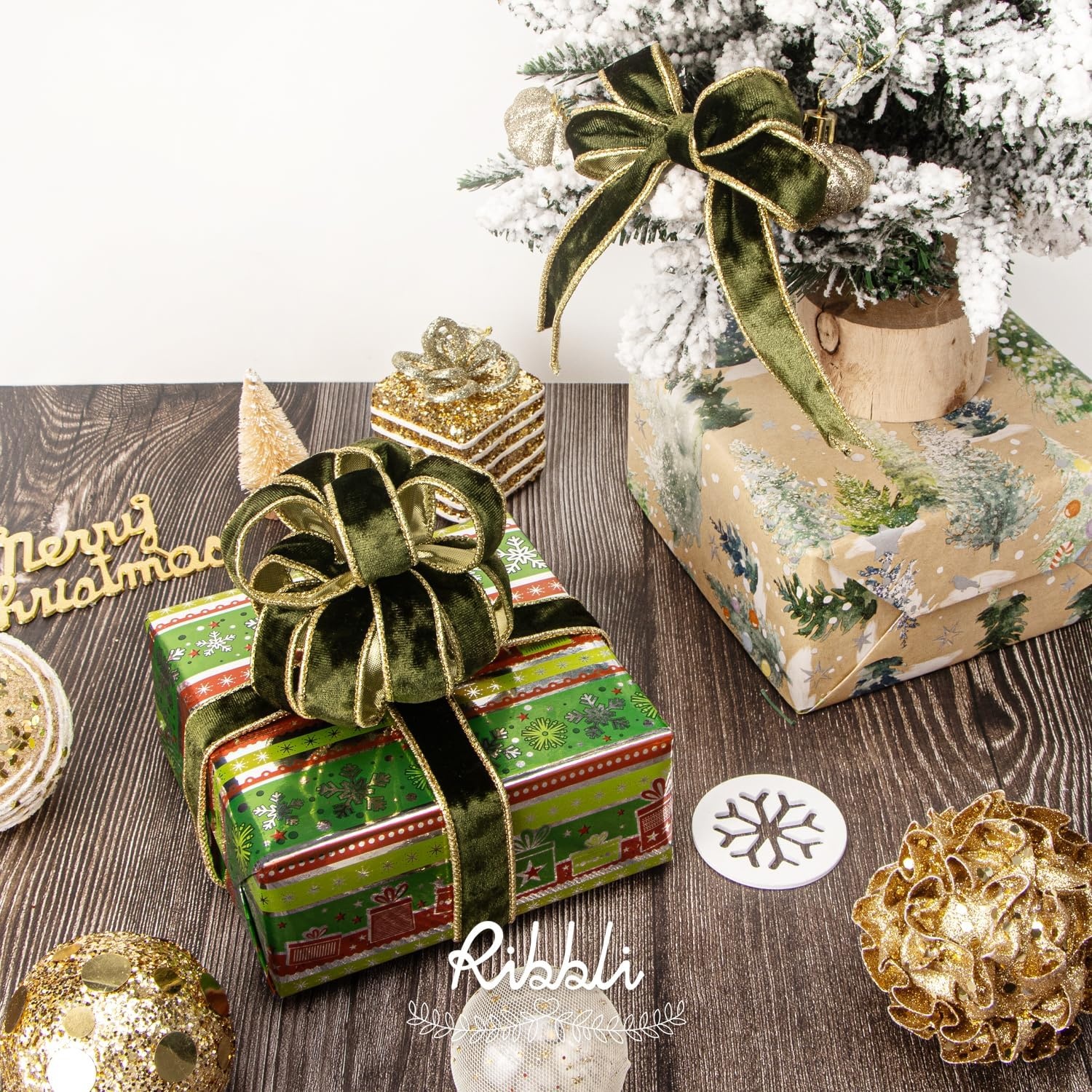 Ribbli Black Velvet Wired Ribbon 2.5 Inch Metallic Black Gold Crushed Velvet Christmas Ribbon for Gift Wrapping Christmas Tree Decoration Crafts Wreaths Supplies-Continuous 10 Yards(Olive Green)