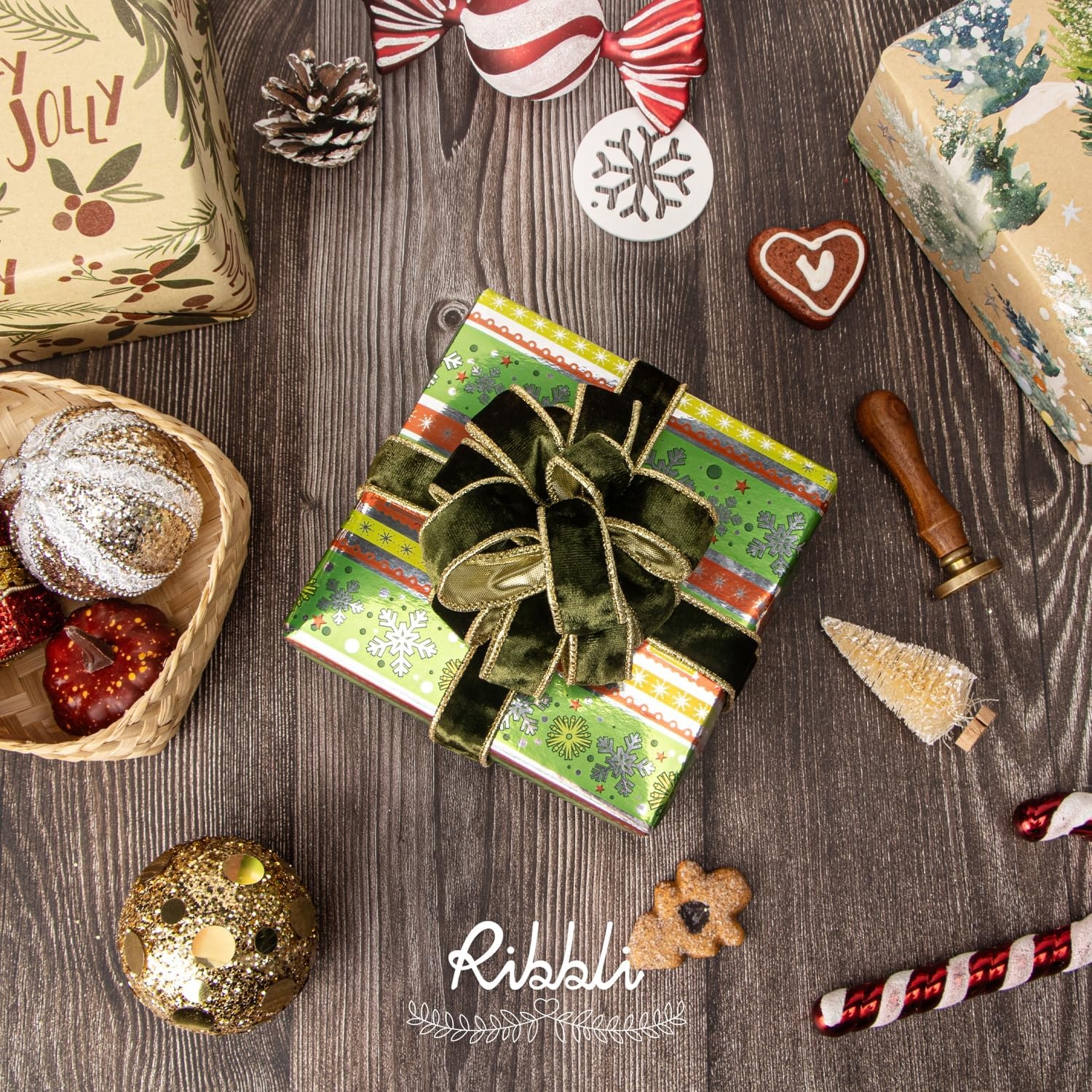 Ribbli Black Velvet Wired Ribbon 2.5 Inch Metallic Black Gold Crushed Velvet Christmas Ribbon for Gift Wrapping Christmas Tree Decoration Crafts Wreaths Supplies-Continuous 10 Yards(Olive Green)