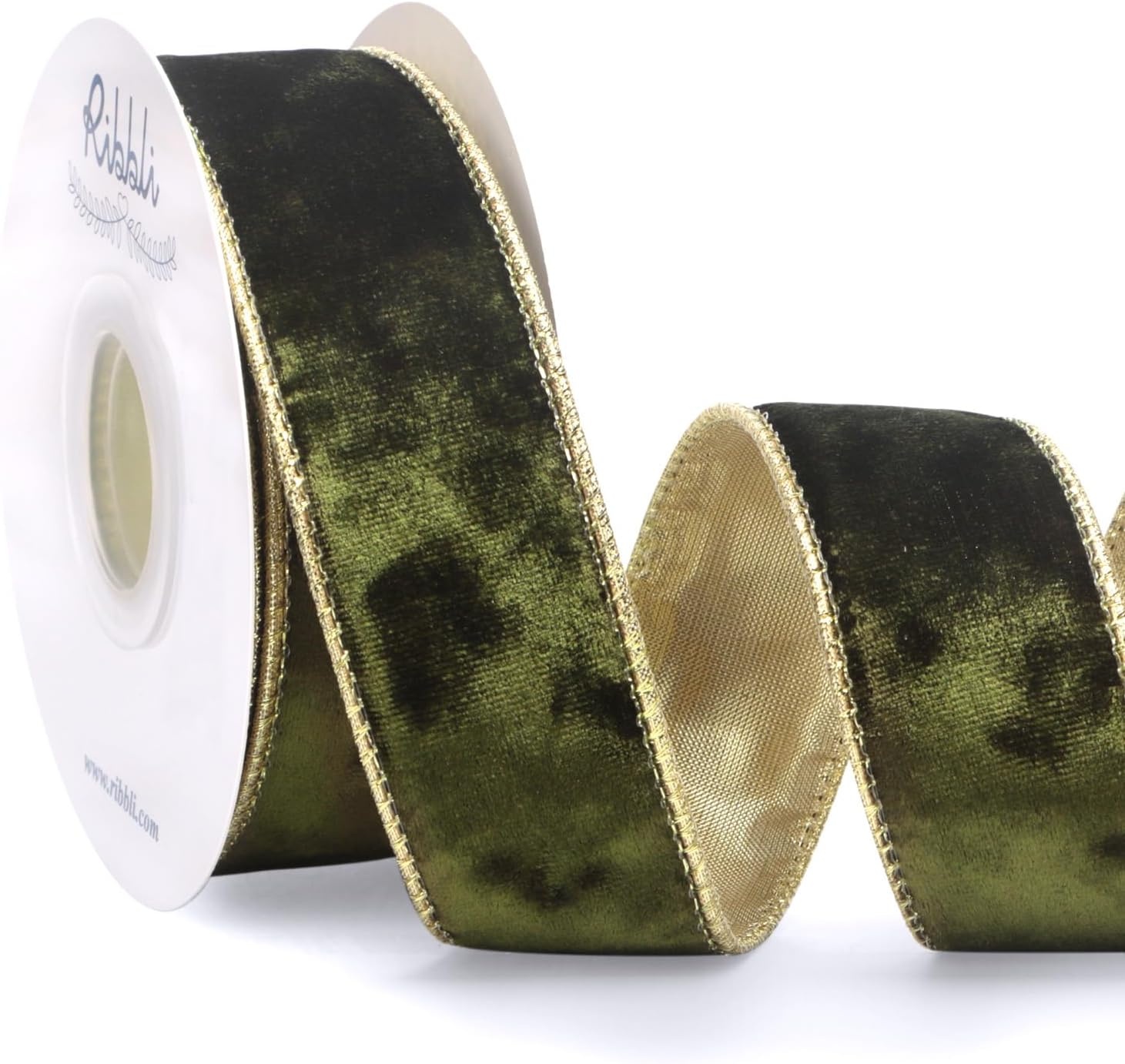Ribbli Black Velvet Wired Ribbon 2.5 Inch Metallic Black Gold Crushed Velvet Christmas Ribbon for Gift Wrapping Christmas Tree Decoration Crafts Wreaths Supplies-Continuous 10 Yards(Olive Green)