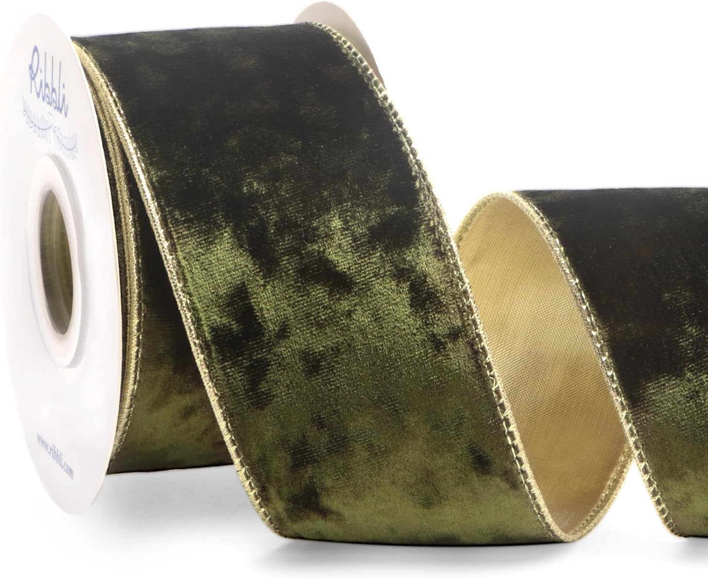 Ribbli Black Velvet Wired Ribbon 2.5 Inch Metallic Black Gold Crushed Velvet Christmas Ribbon for Gift Wrapping Christmas Tree Decoration Crafts Wreaths Supplies-Continuous 10 Yards(Olive Green)
