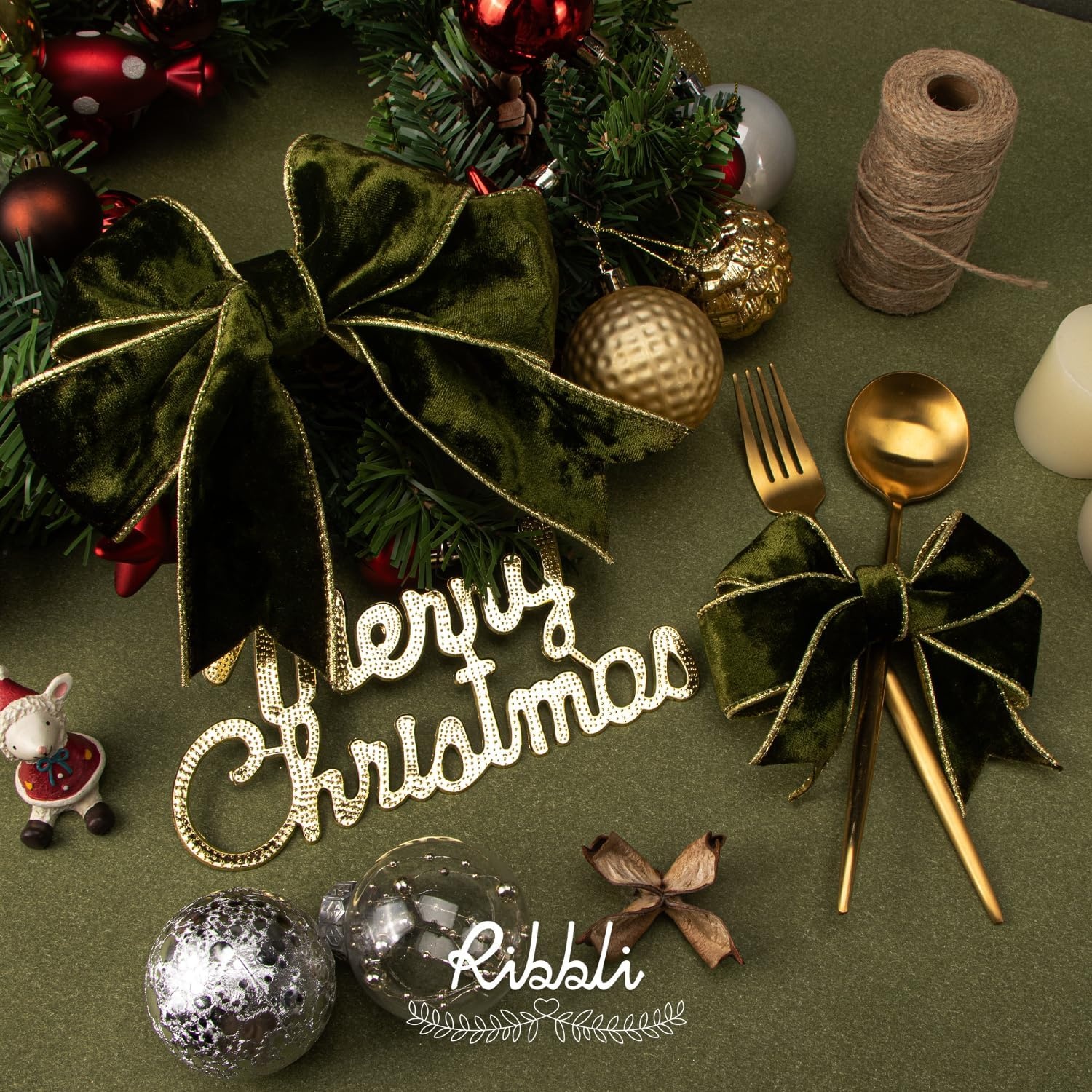 Ribbli Black Velvet Wired Ribbon 2.5 Inch Metallic Black Gold Crushed Velvet Christmas Ribbon for Gift Wrapping Christmas Tree Decoration Crafts Wreaths Supplies-Continuous 10 Yards(Olive Green)