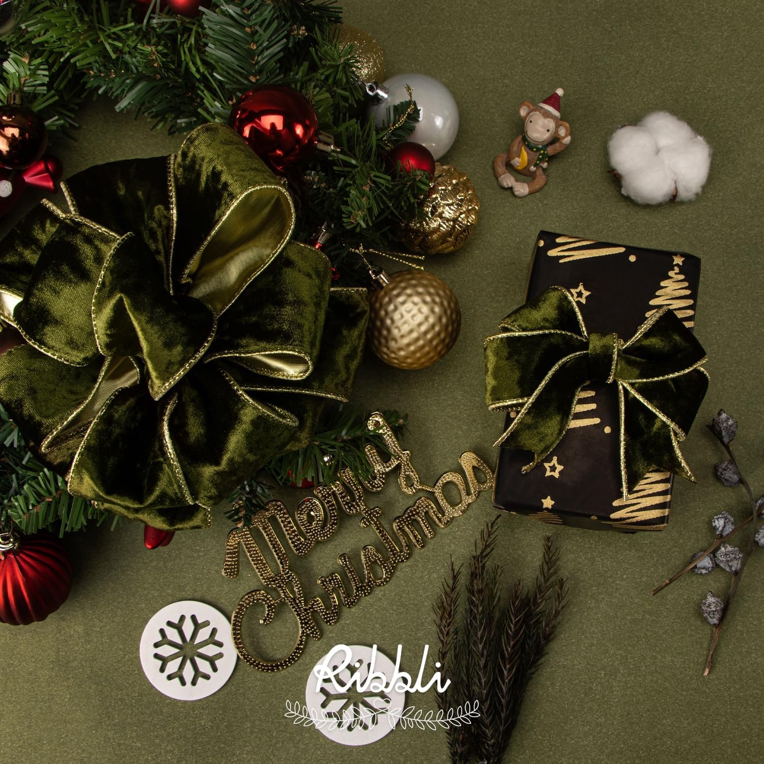 Ribbli Black Velvet Wired Ribbon 2.5 Inch Metallic Black Gold Crushed Velvet Christmas Ribbon for Gift Wrapping Christmas Tree Decoration Crafts Wreaths Supplies-Continuous 10 Yards(Olive Green)