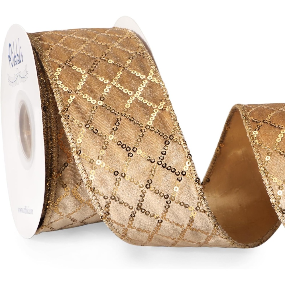 Ribbli Champagne Gold Velvet Wired Ribbon with Glitter Sequin 2.5 Inch x 10 Yards Christmas Ribbon for Gift Wrapping Tree Decoration Crafts Wreaths Supplies(Champagne/Gold)