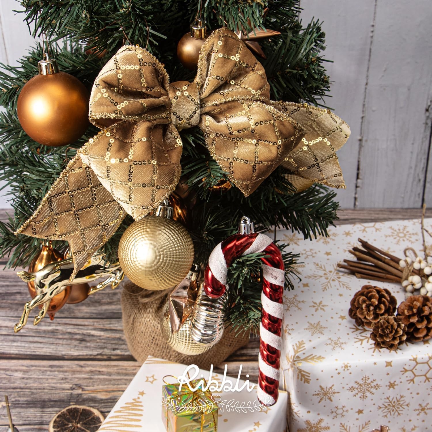 Ribbli Champagne Gold Velvet Wired Ribbon with Glitter Sequin 2.5 Inch x 10 Yards Christmas Ribbon for Gift Wrapping Tree Decoration Crafts Wreaths Supplies(Champagne/Gold)