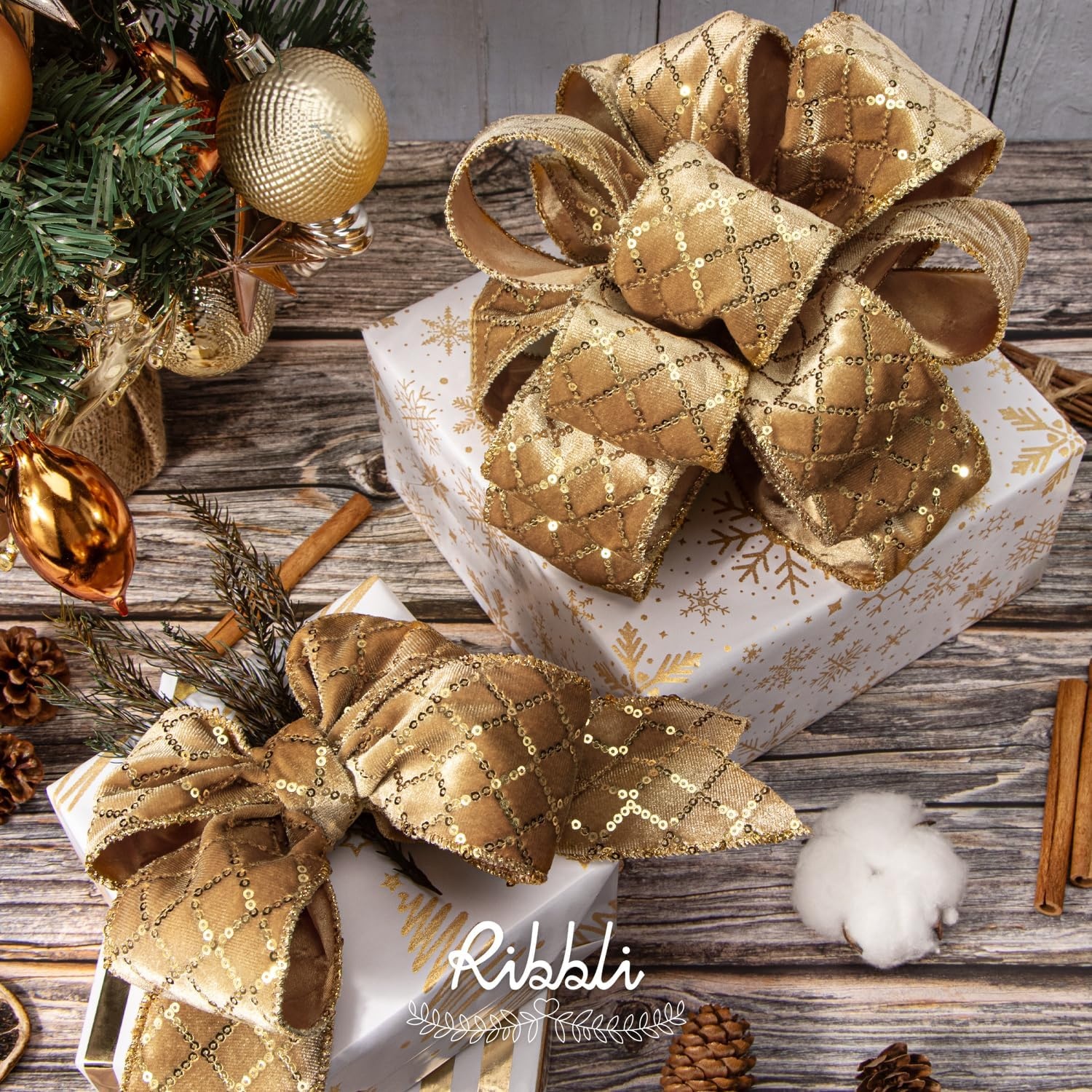 Ribbli Champagne Gold Velvet Wired Ribbon with Glitter Sequin 2.5 Inch x 10 Yards Christmas Ribbon for Gift Wrapping Tree Decoration Crafts Wreaths Supplies(Champagne/Gold)