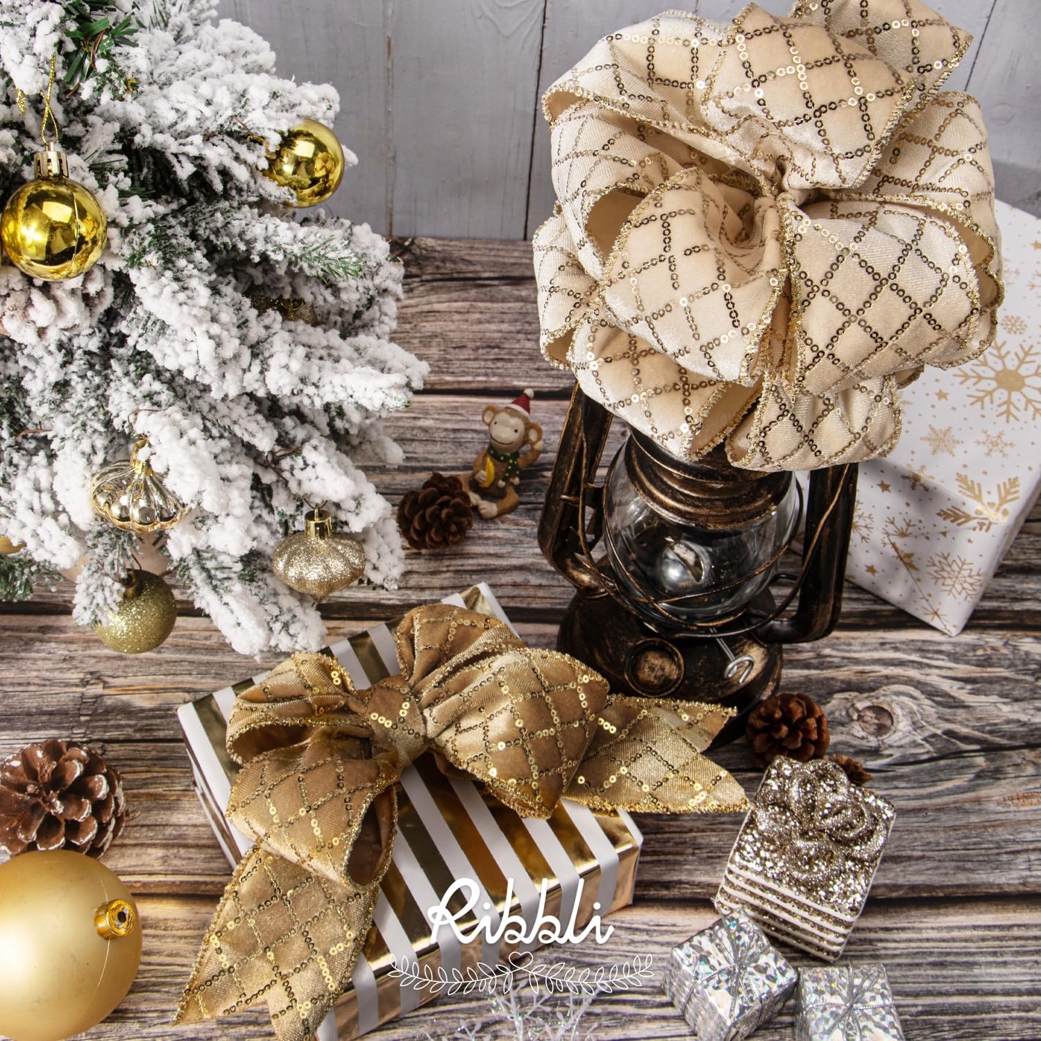 Ribbli Champagne Gold Velvet Wired Ribbon with Glitter Sequin 2.5 Inch x 10 Yards Christmas Ribbon for Gift Wrapping Tree Decoration Crafts Wreaths Supplies(Champagne/Gold)