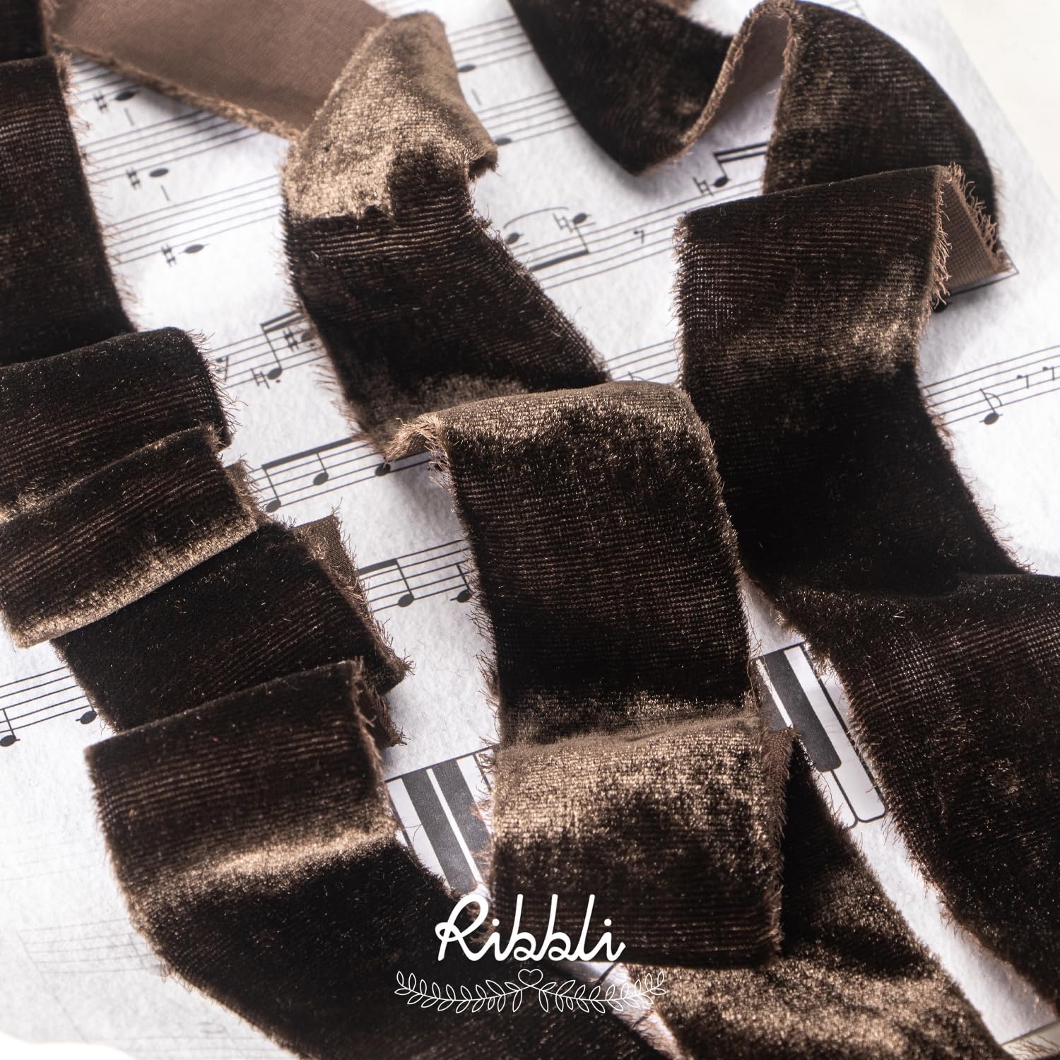 Ribbli Light Champagne Velvet Ribbon 2 Inch Handmade Frayed Vintage Christmas Ribbon for Gift Wrapping Christmas Tree Ornament Wreath Craft Home Decor-3 Yards(Dark Brown)