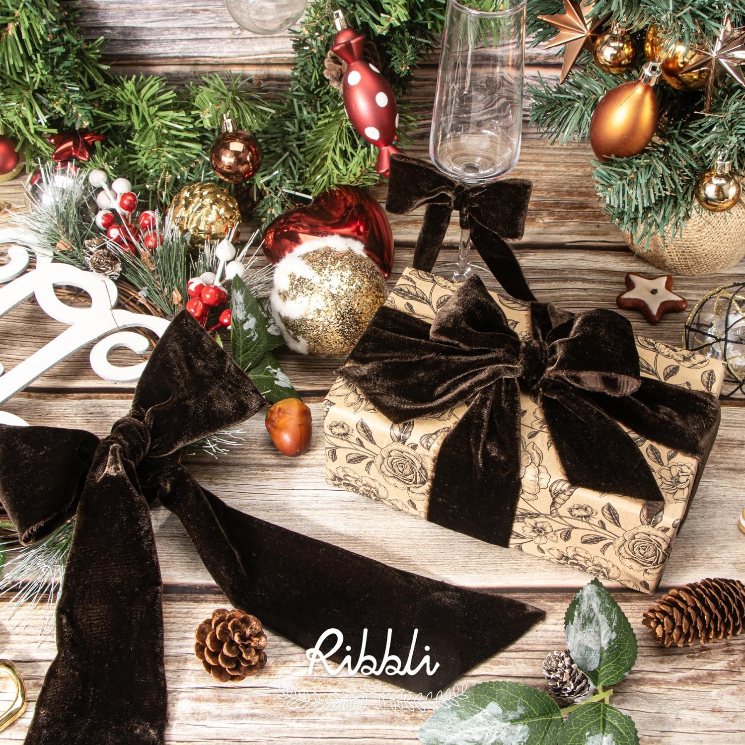 Ribbli Light Champagne Velvet Ribbon 2 Inch Handmade Frayed Vintage Christmas Ribbon for Gift Wrapping Christmas Tree Ornament Wreath Craft Home Decor-3 Yards(Dark Brown)