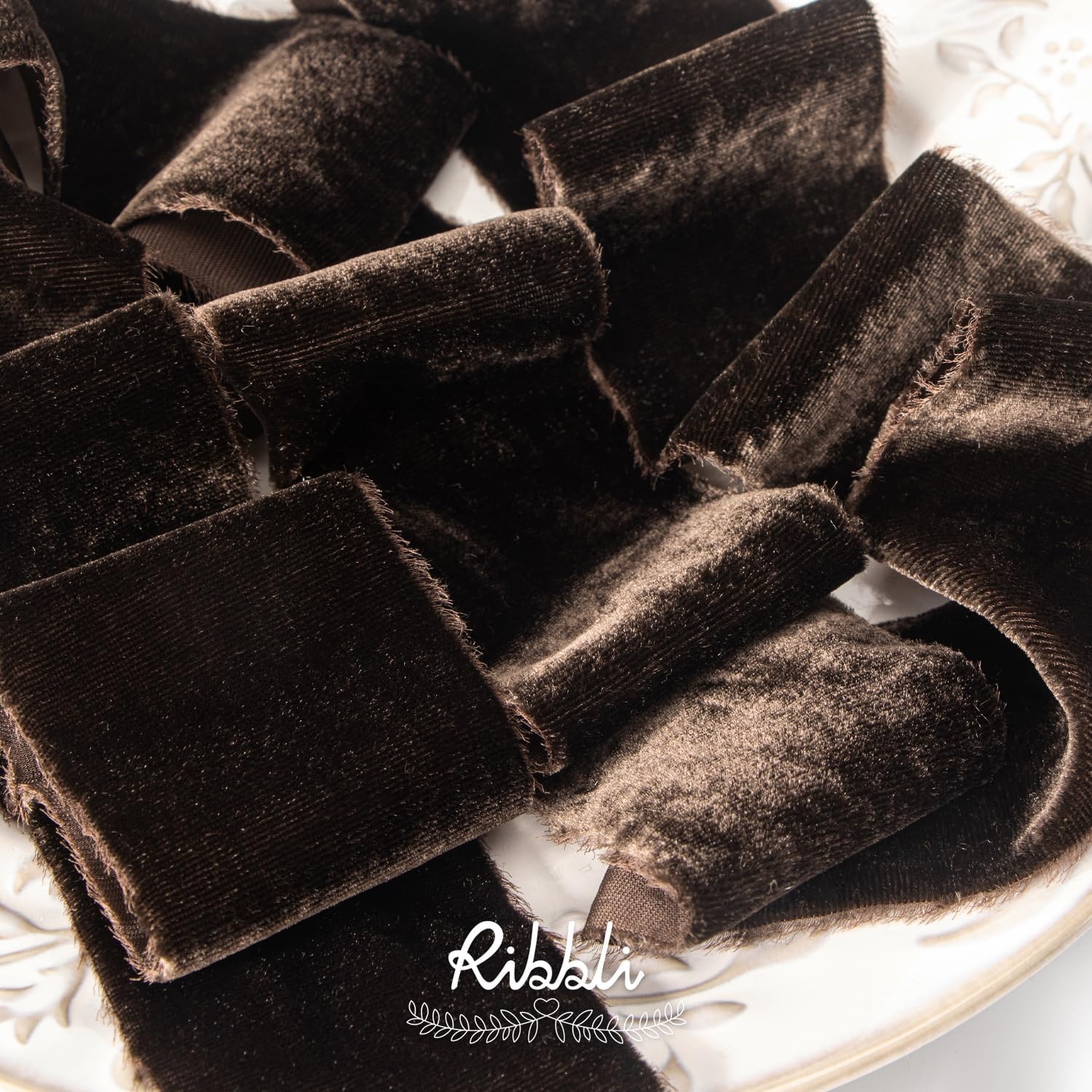 Ribbli Light Champagne Velvet Ribbon 2 Inch Handmade Frayed Vintage Christmas Ribbon for Gift Wrapping Christmas Tree Ornament Wreath Craft Home Decor-3 Yards(Dark Brown)