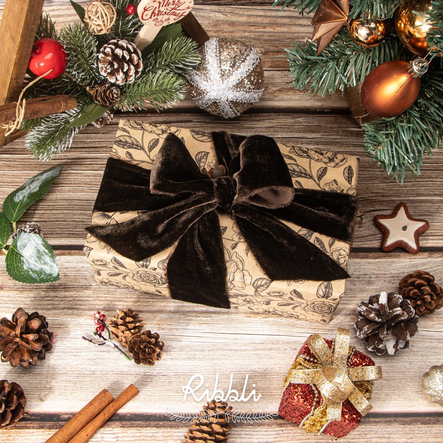 Ribbli Light Champagne Velvet Ribbon 2 Inch Handmade Frayed Vintage Christmas Ribbon for Gift Wrapping Christmas Tree Ornament Wreath Craft Home Decor-3 Yards(Dark Brown)
