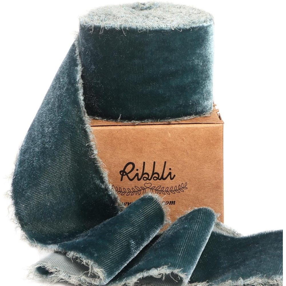 Ribbli Light Champagne Velvet Ribbon 2 Inch Handmade Frayed Vintage Christmas Ribbon for Gift Wrapping Christmas Tree Ornament Wreath Craft Home Decor-3 Yards(Dusty Green)